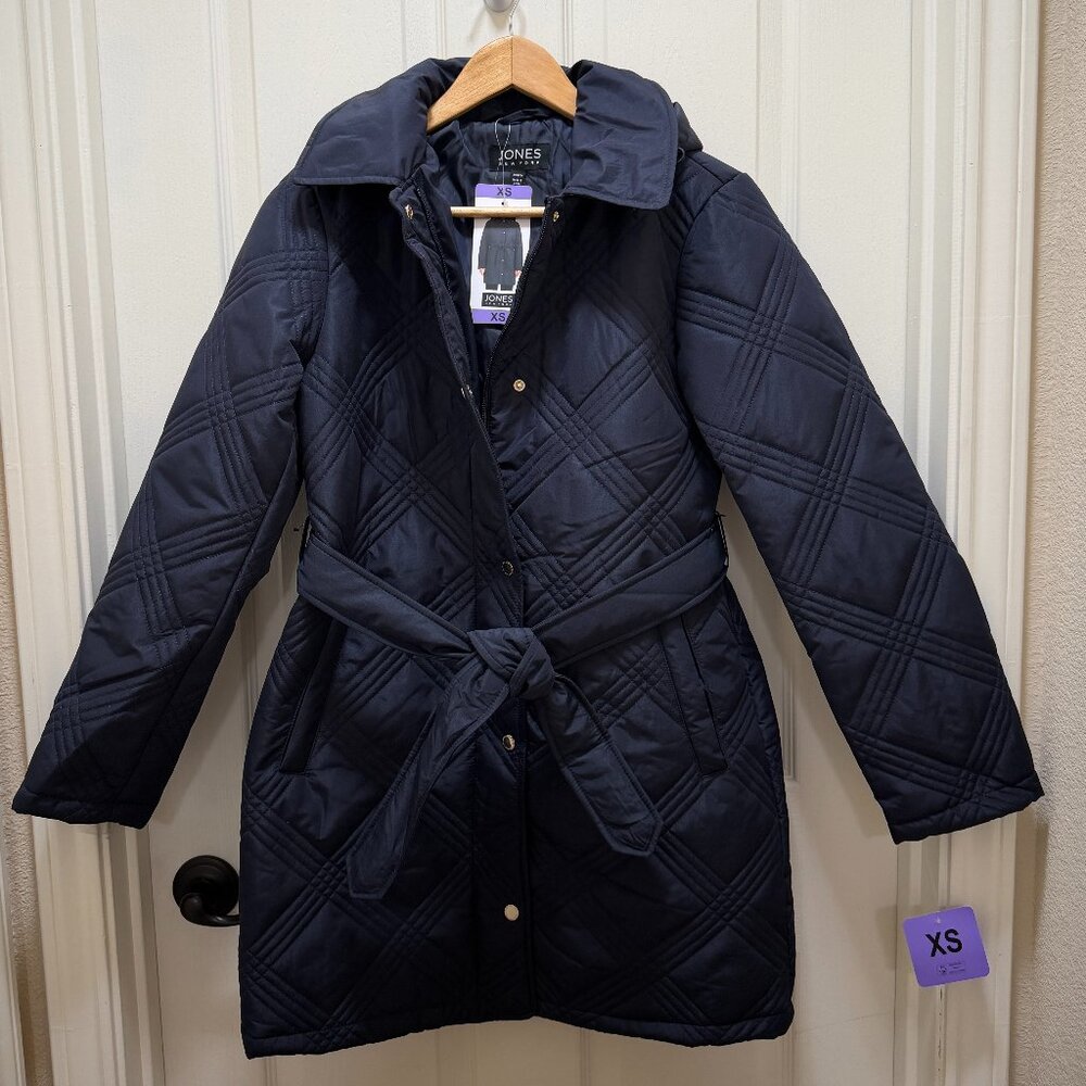 Jones New York Women's Quilted Hooded Belted Jacket Coat Size XS Navy Warm New